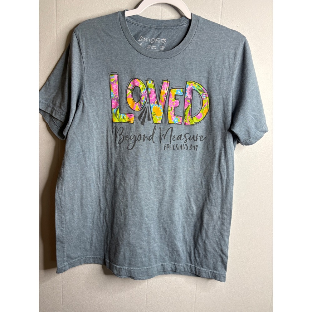 Love in Faith Womens Loved Beyond Measure Ephesians‎ 3:17 Gray Graphic Tee Large
